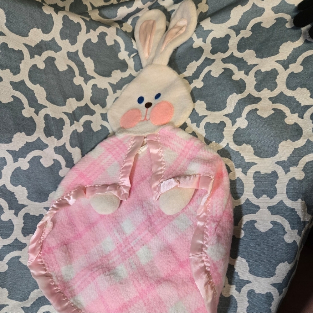 Vintage 1979 Fisher Price Pink Plaid Bunny Rabbit Lovey Security Blanket